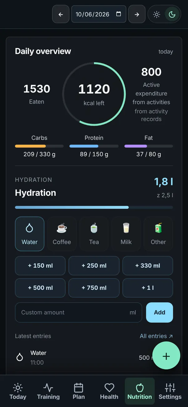 The Nutrition screen: eaten, remaining, macros and drinks