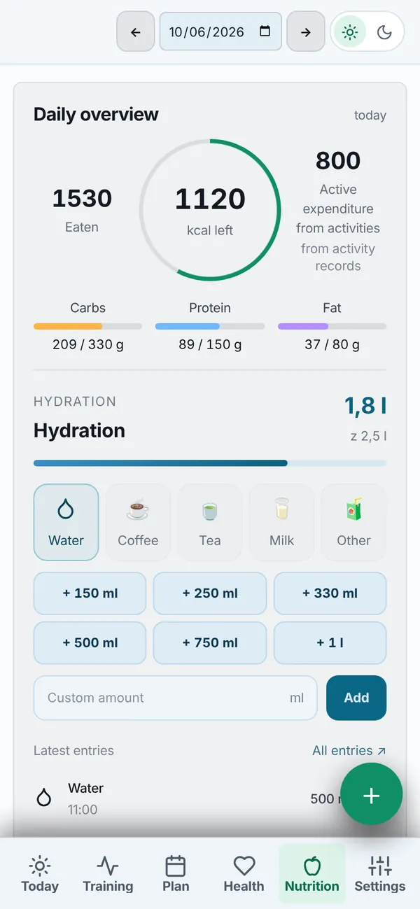 The Nutrition screen: eaten, remaining, macros and drinks