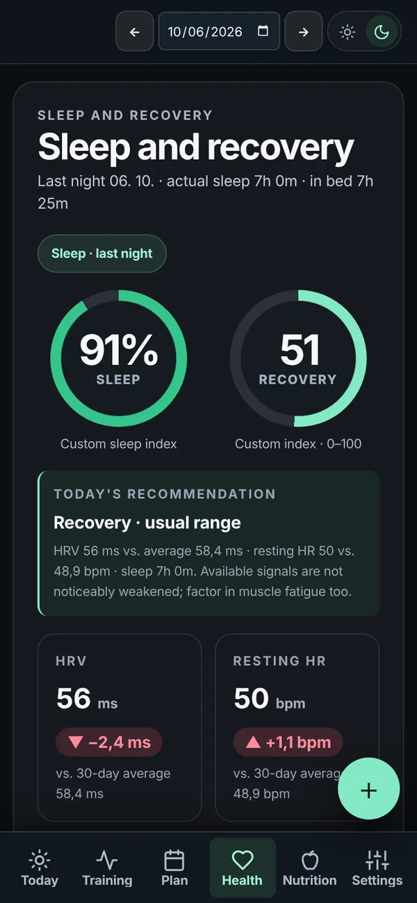 The Health screen: sleep and recovery