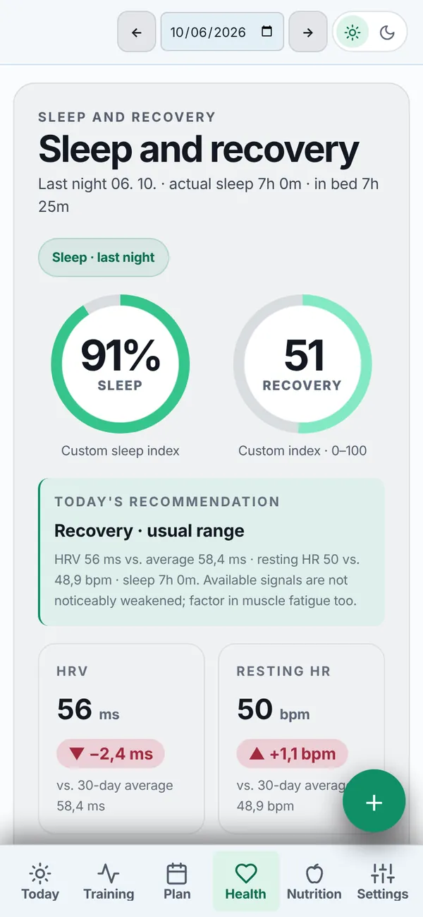 The Health screen: sleep and recovery