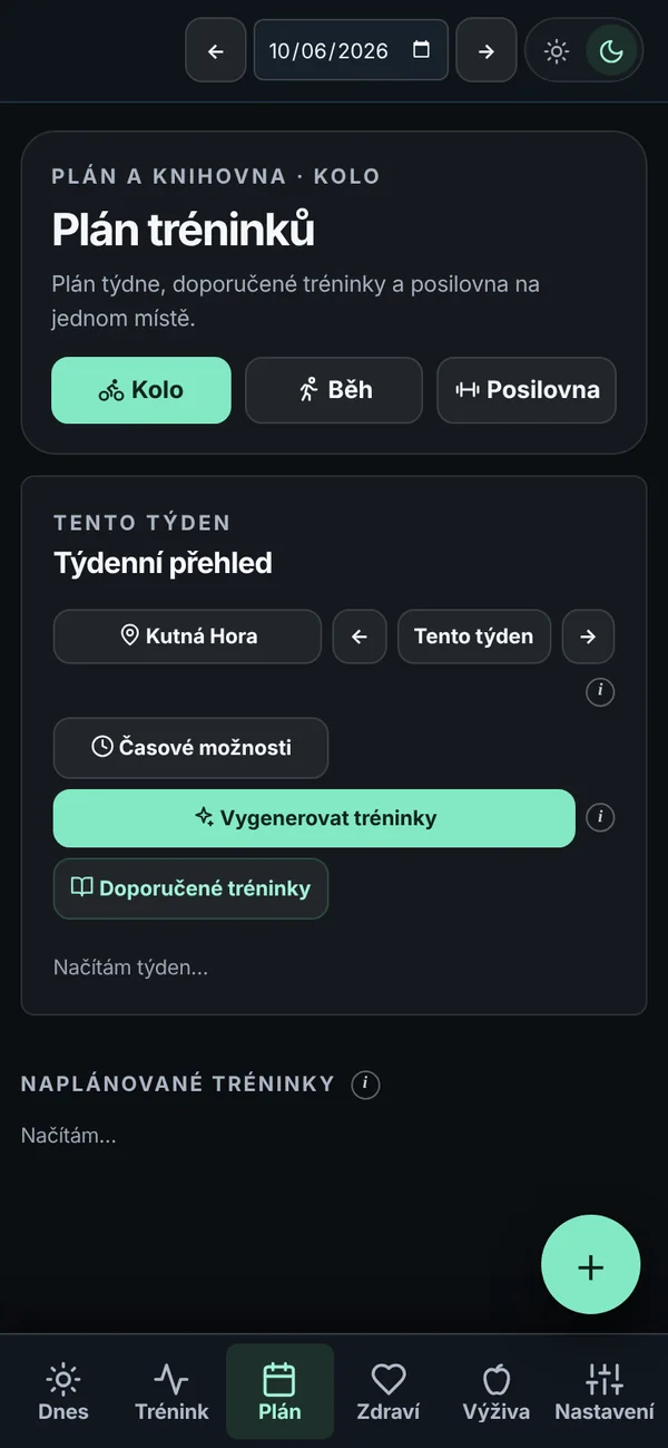 Obrazovka Plán: plán tréninků na týden